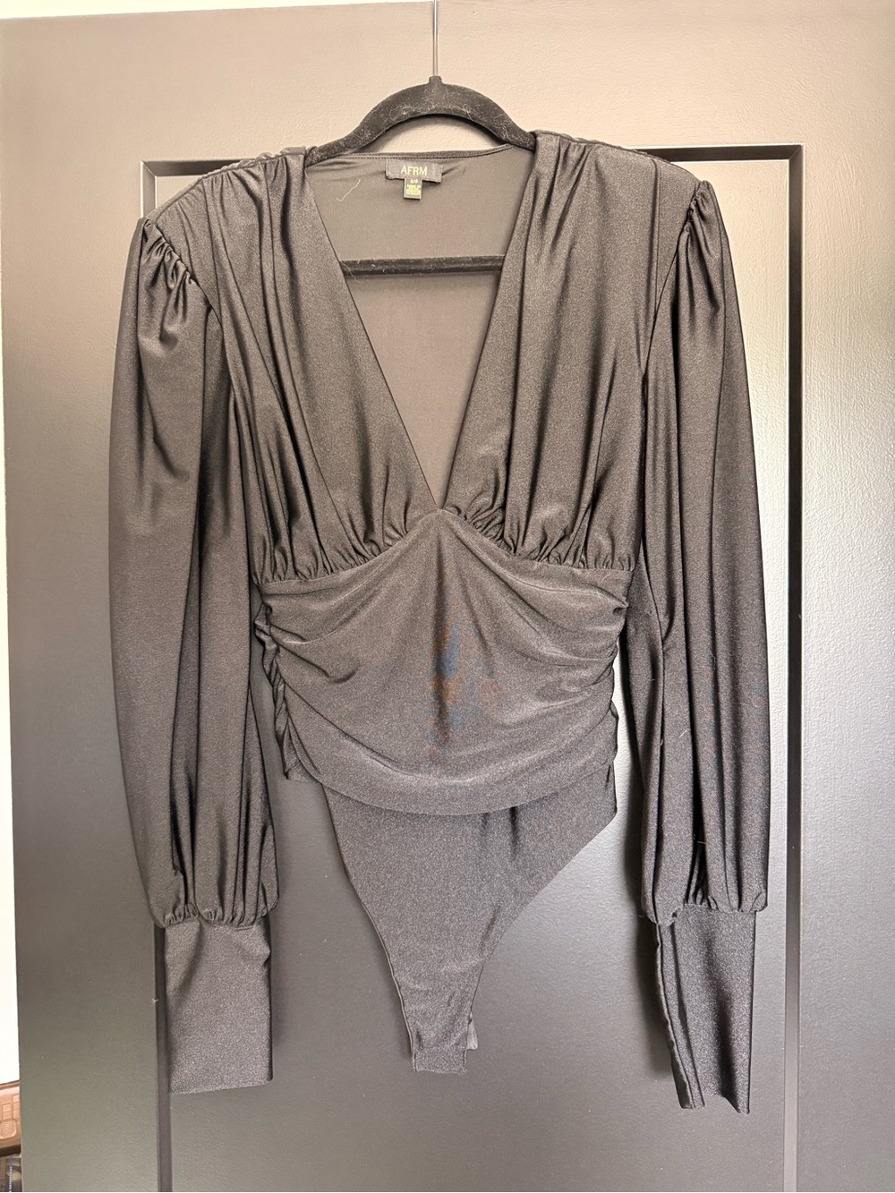 AFRM Black V-Neck Ruched Long-Sleeve Bodysuit